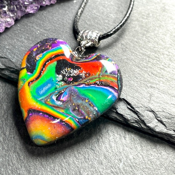 Artisan Other - Lisa Frank Inspired Rainbow Galaxy Heart Pendant Necklace Hand Crafted